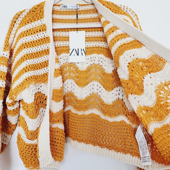 Zara Beige & Yellow Oversized Open Cardigan Knit Sweater Size Medium - Picture 6 of 9